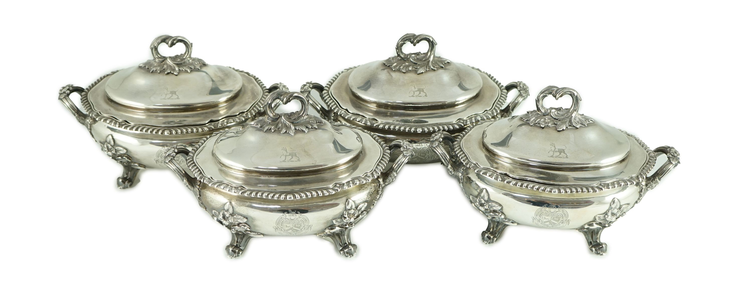 Benacre Hall, Suffolk. A good set of four Victorian silver two handled oval sauce tureens and covers, by Edward & John Barnard